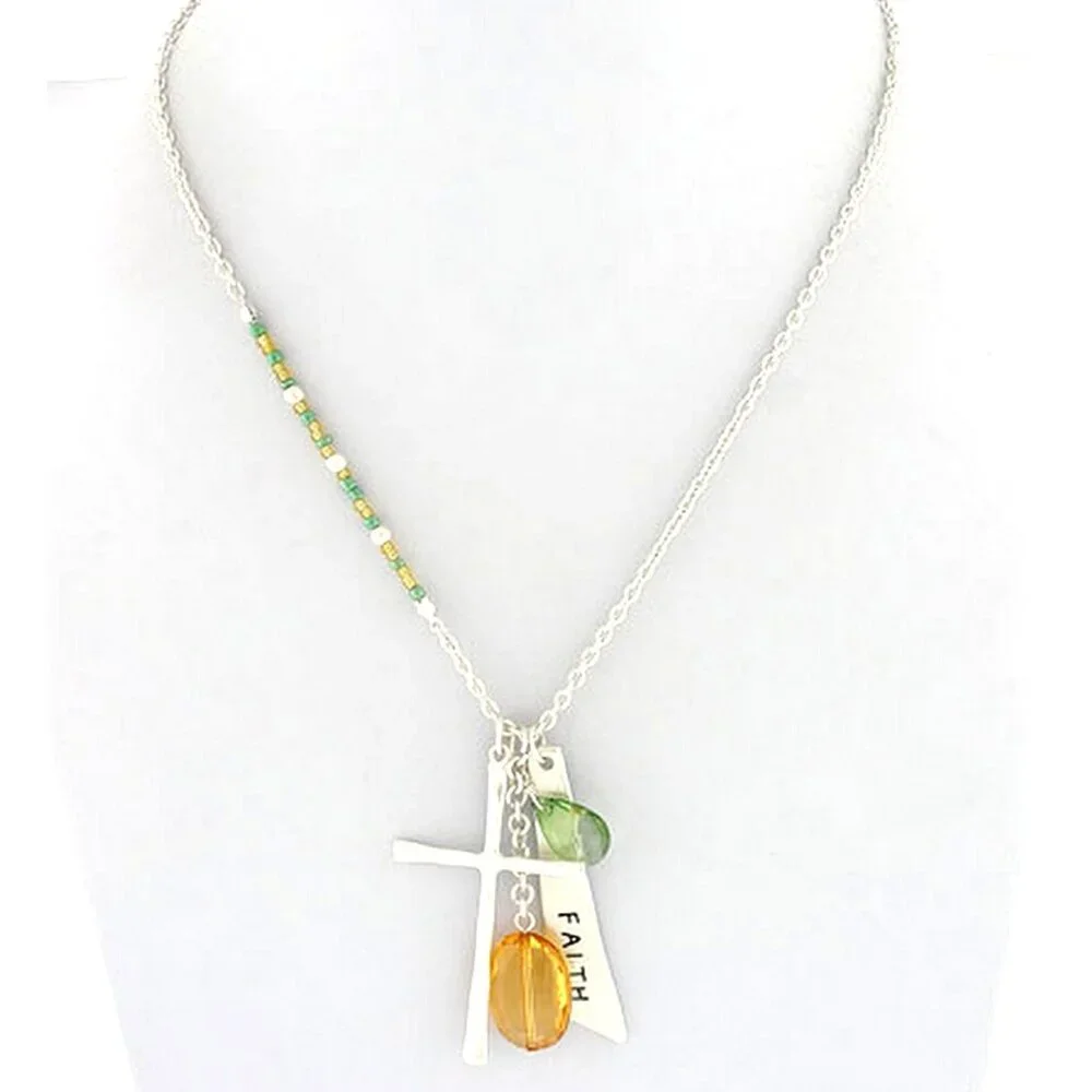 Faith Cross Beaded Necklace with Topaz and Peridot Faceted Glass Accents